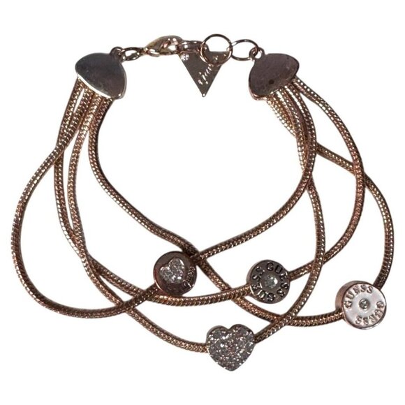 Strand Jewelry - GUESS Los Angeles Bracelet Rhinestones Logo Gold‎ Tone 4 Strand with Charms